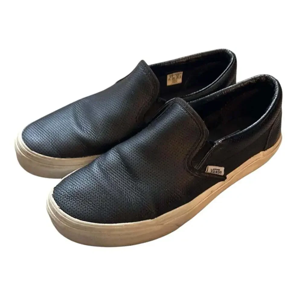 Vans Off The Wall Black Perforated Leather Slip On Sneakers Women 10 Men 8.5